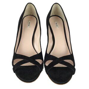 Miu Miu Cross Strap Stiletto Heel Black Suede Open Top Pump Women's Size 9/39